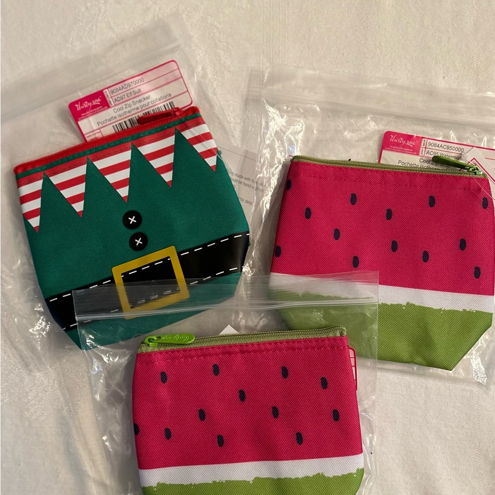 3 Thirty One Gifts Cool Zip Snackers. Watermelon and Elf patterns.